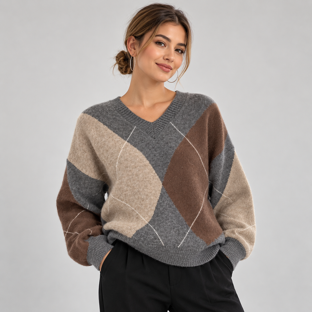 Women's Argyle V-Neck Sweater, Long Sleeve Knit