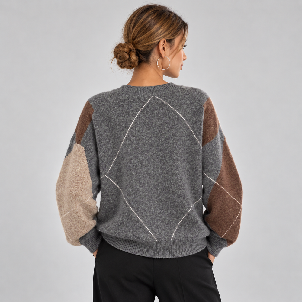 Women's Argyle V-Neck Sweater, Long Sleeve Knit