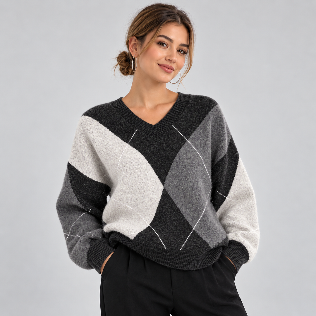 Women's Argyle V-Neck Sweater, Long Sleeve Knit