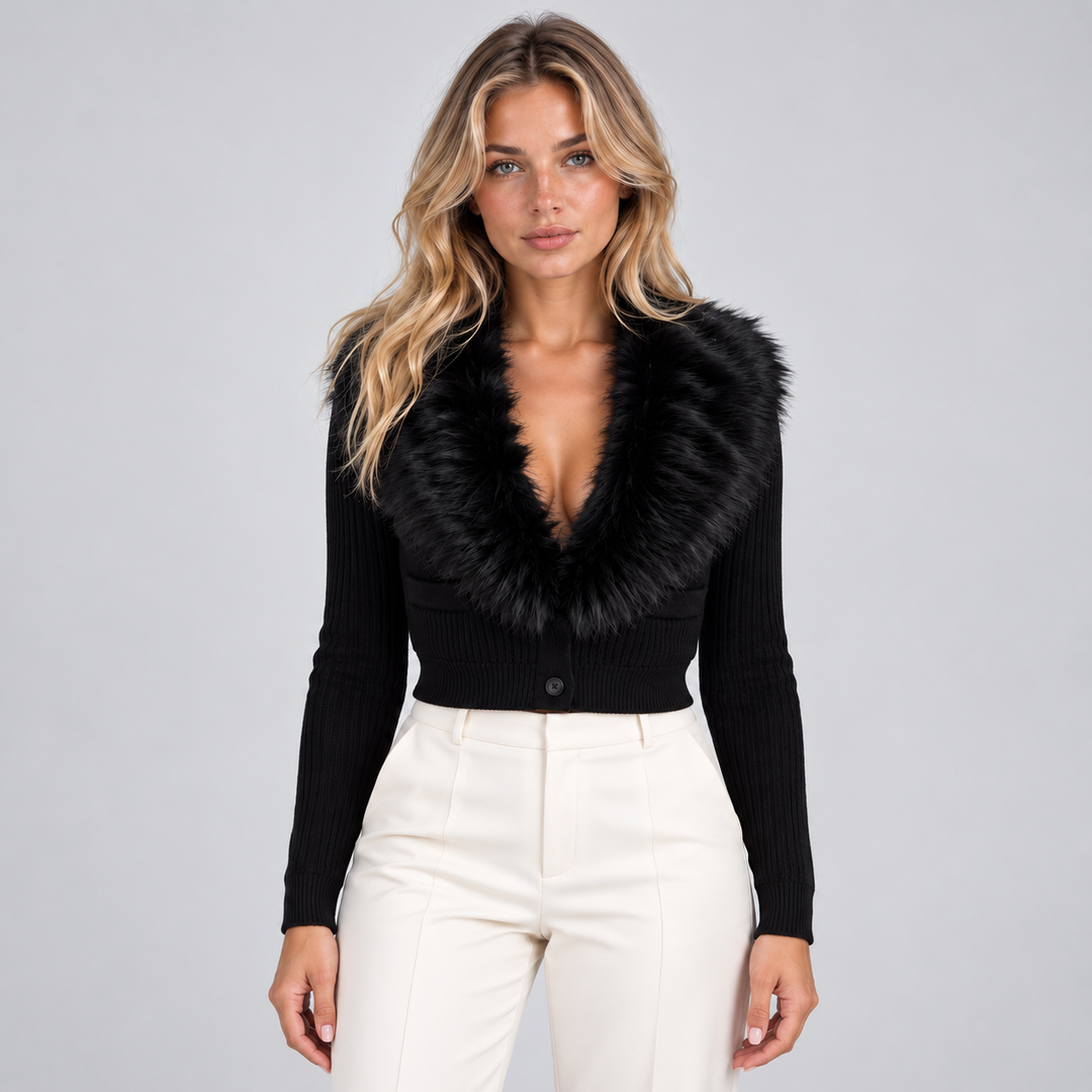 Women's Button-Front Cardigan with Faux Fur Collar