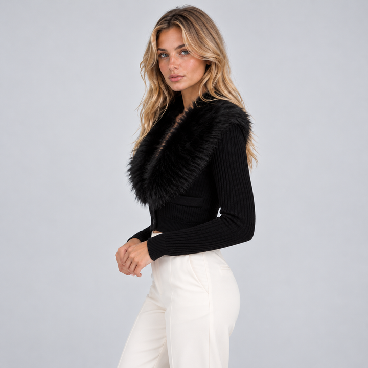 Women's Button-Front Cardigan with Faux Fur Collar