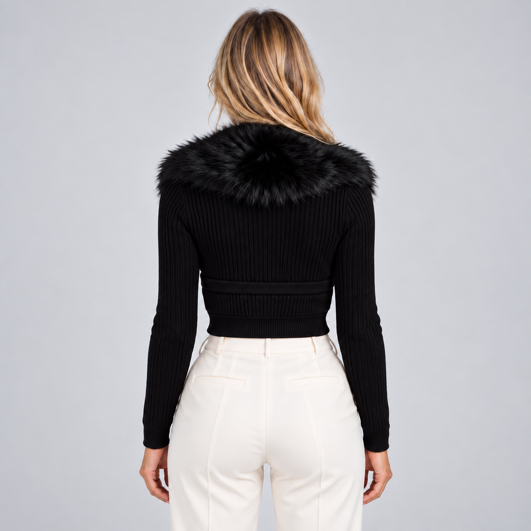 Women's Button-Front Cardigan with Faux Fur Collar
