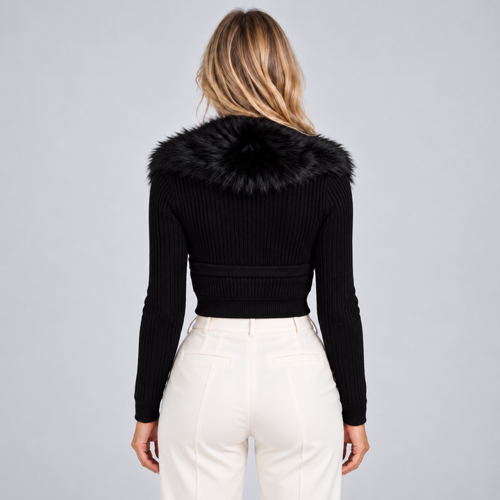 Women's Button-Front Cardigan with Faux Fur Collar