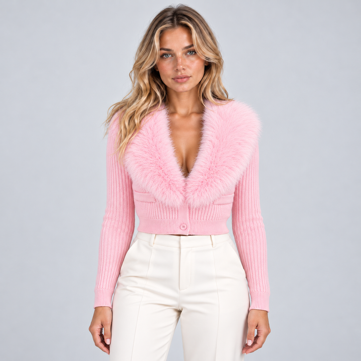Women's Button-Front Cardigan with Faux Fur Collar