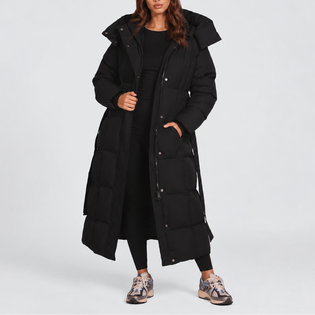 Women's Long Belted Puffer Coat with Hood