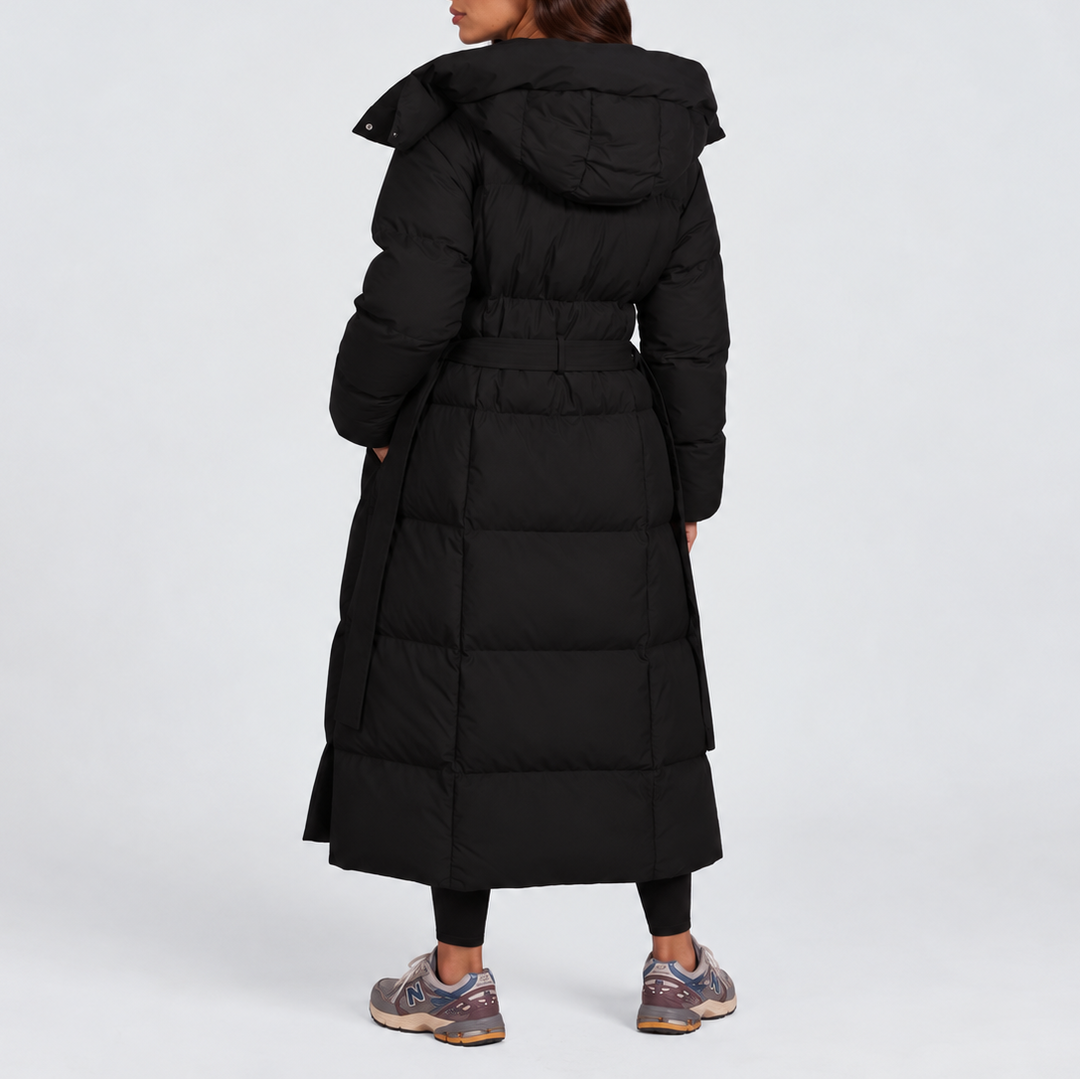 Women's Long Belted Puffer Coat with Hood