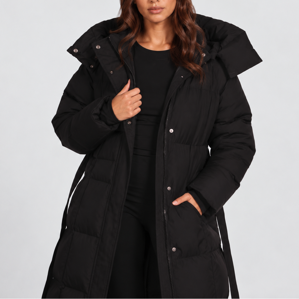 Women's Long Belted Puffer Coat with Hood