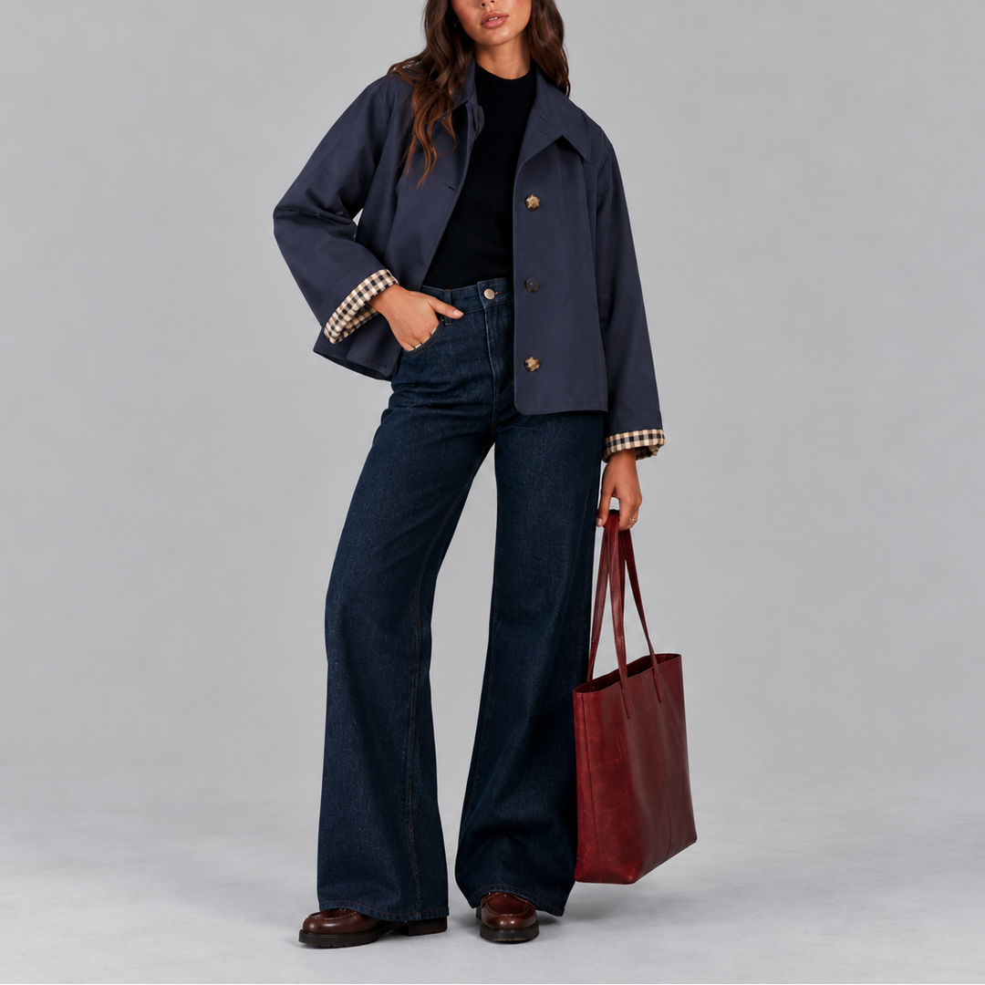 Women's Cropped Trench Jacket with Plaid Lining