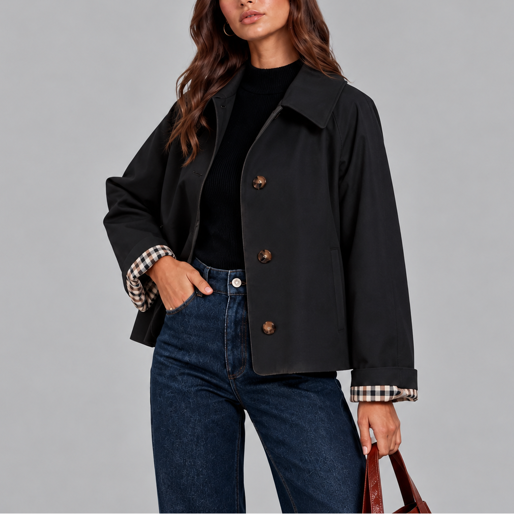 Women's Cropped Trench Jacket with Plaid Lining