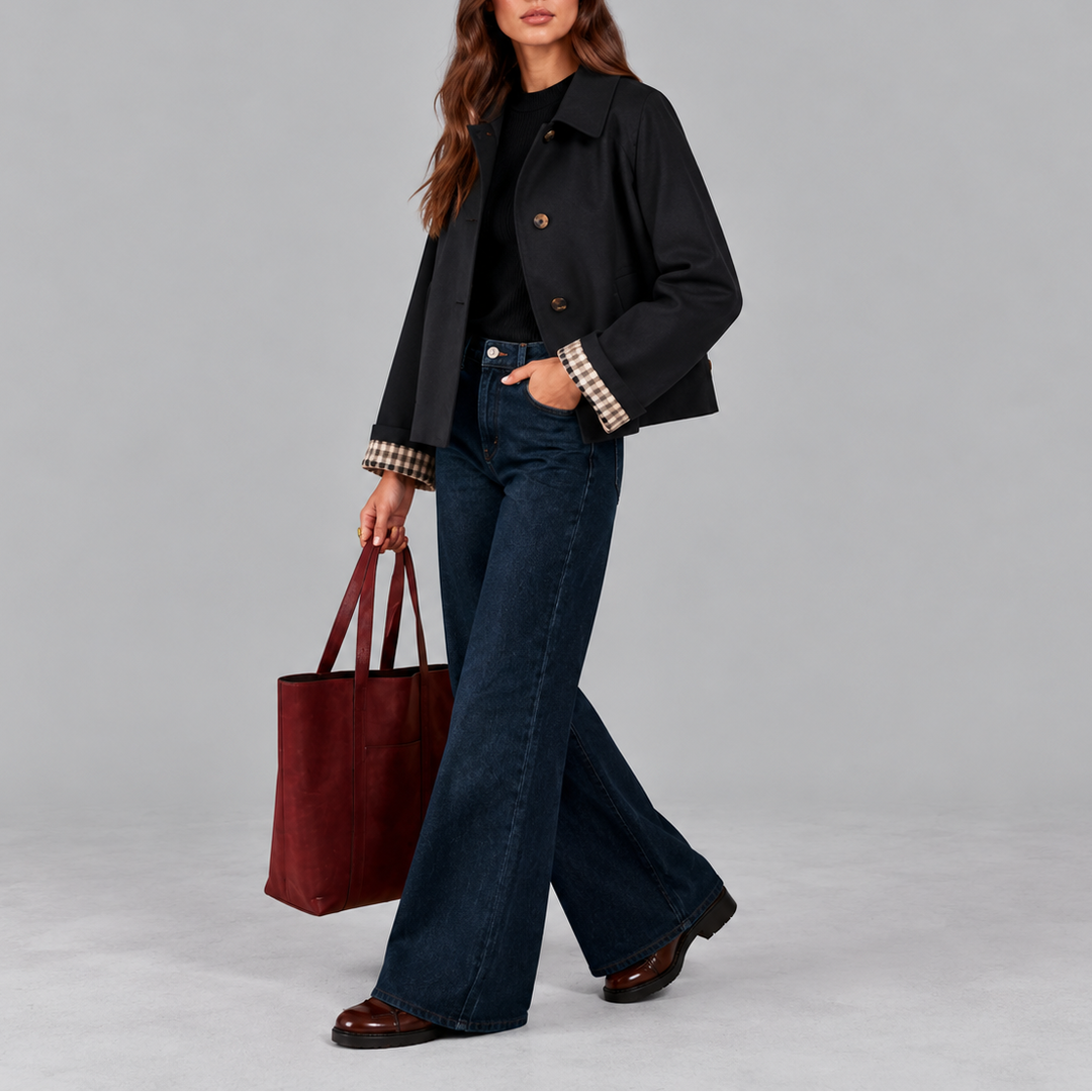 Women's Cropped Trench Jacket with Plaid Lining