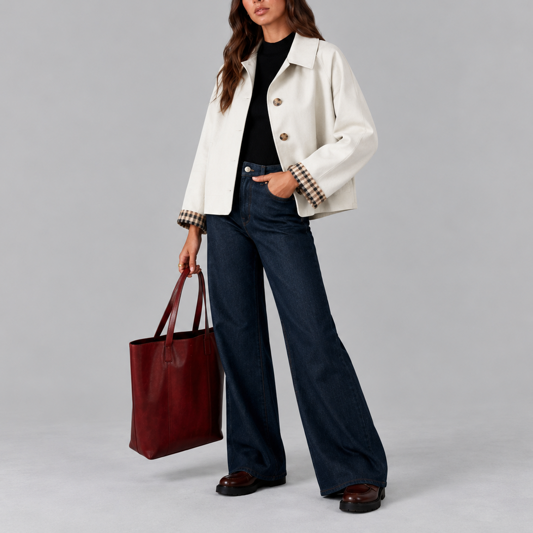 Women's Cropped Trench Jacket with Plaid Lining