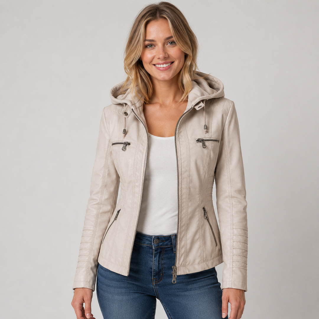 Women's Hooded Faux Leather Zip-Up Jacket