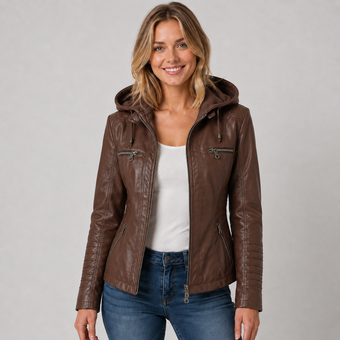 Women's Hooded Faux Leather Zip-Up Jacket