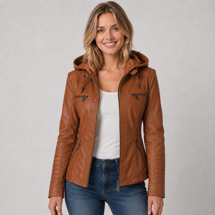 Women's Hooded Faux Leather Zip-Up Jacket