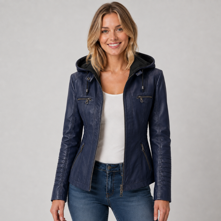Women's Hooded Faux Leather Zip-Up Jacket
