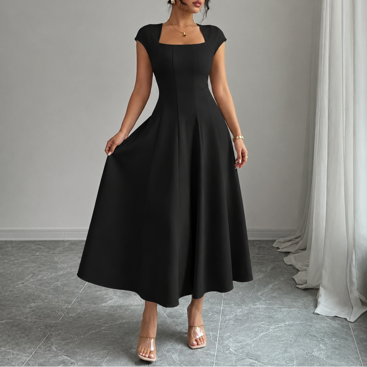 Elegant Satin Midi Dress for Women with Square Neck Cap Sleeve Fit and Flare Fall Wedding Guest Style