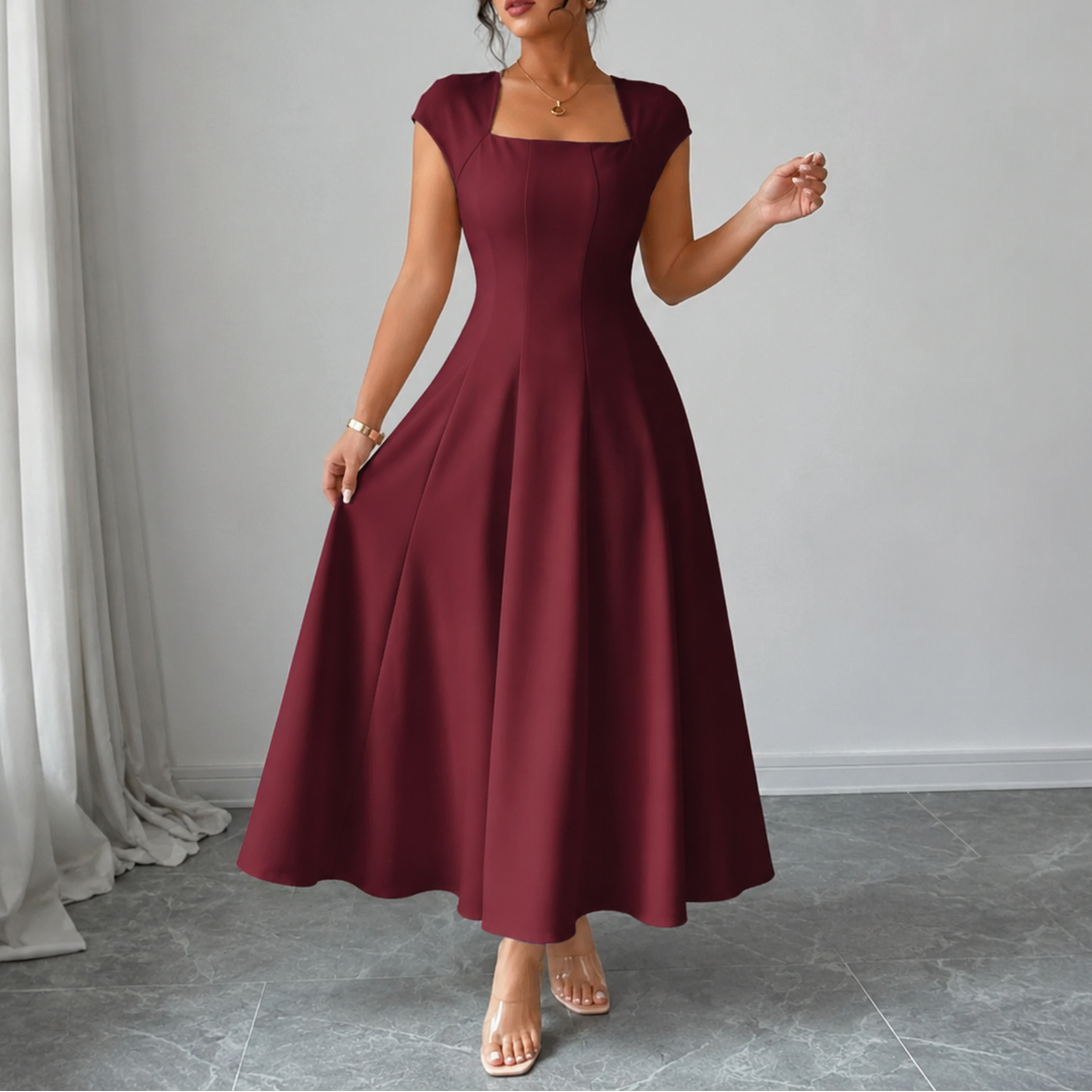 Elegant Satin Midi Dress for Women with Square Neck Cap Sleeve Fit and Flare Fall Wedding Guest Style