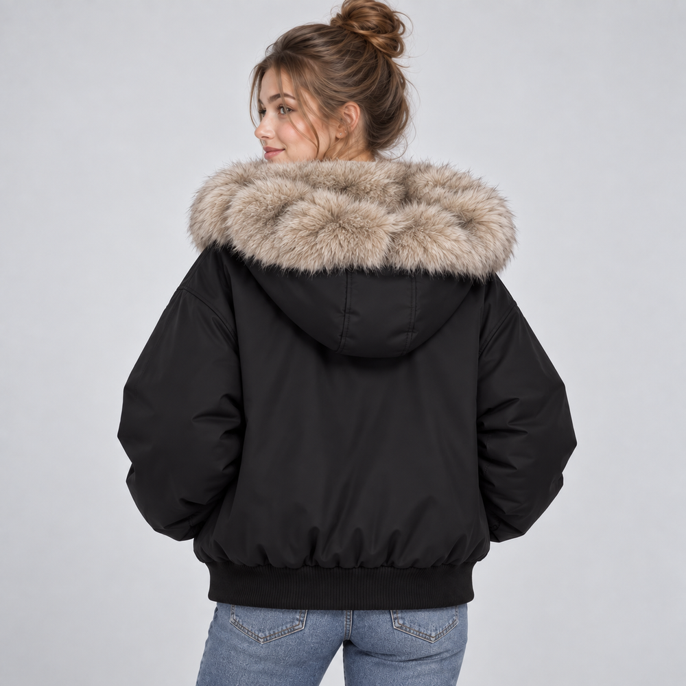 Women's Hooded Puffer Jacket with Faux Fur Trim