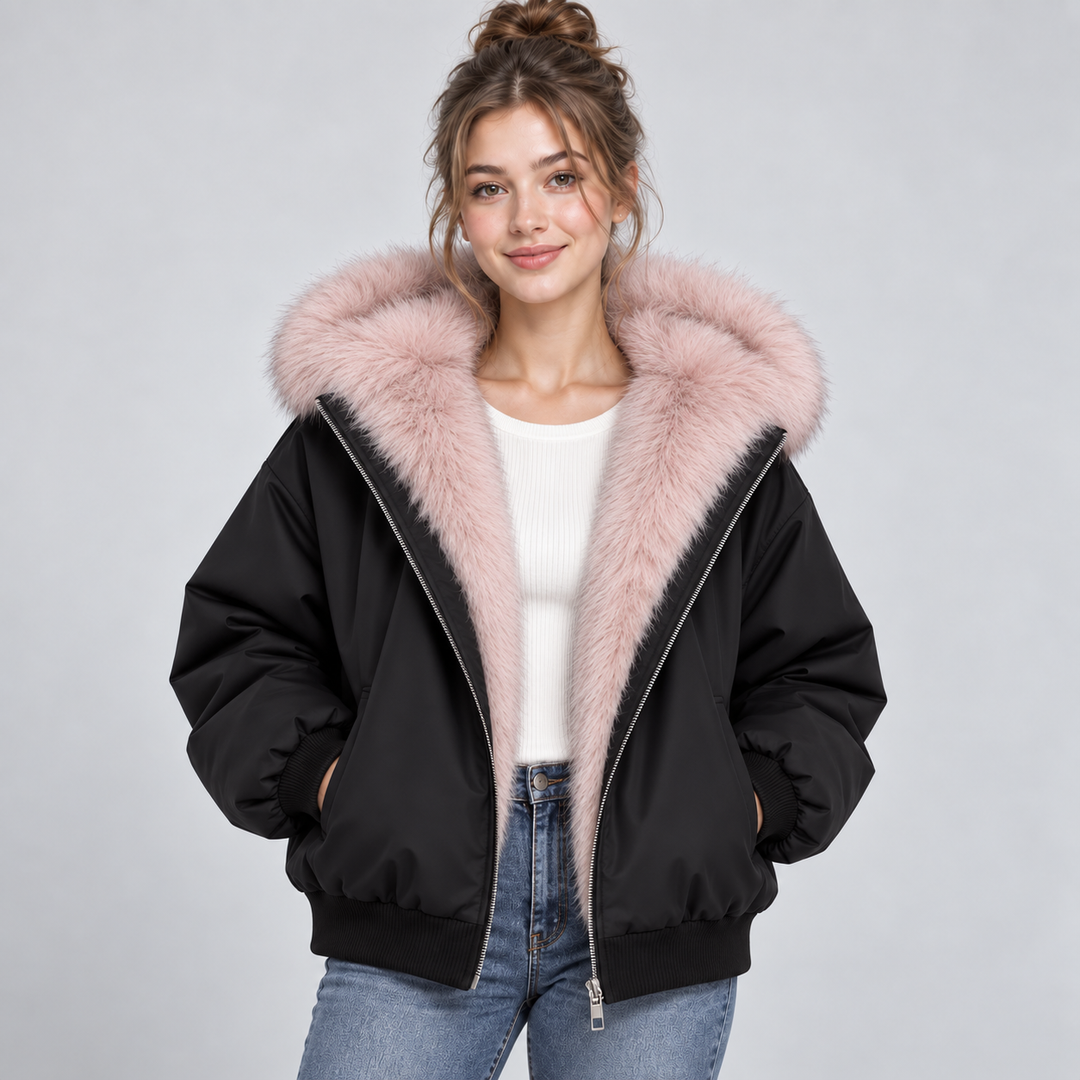 Women's Hooded Puffer Jacket with Faux Fur Trim