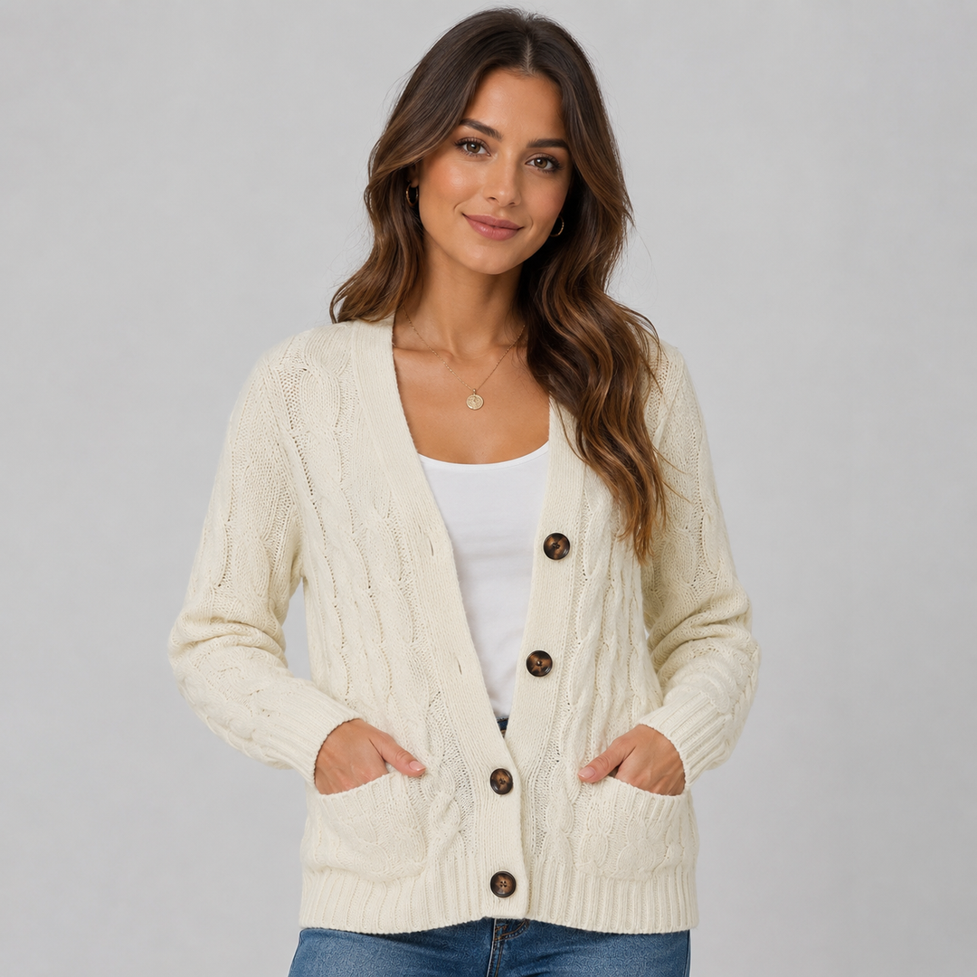 Women's Cable Knit V-Neck Cardigan with Buttons