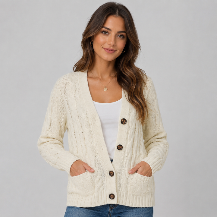 Women's Cable Knit V-Neck Cardigan with Buttons