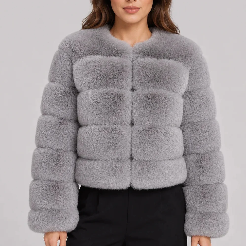 Women's Cropped Fluffy Faux Fur Coat with Round Neck