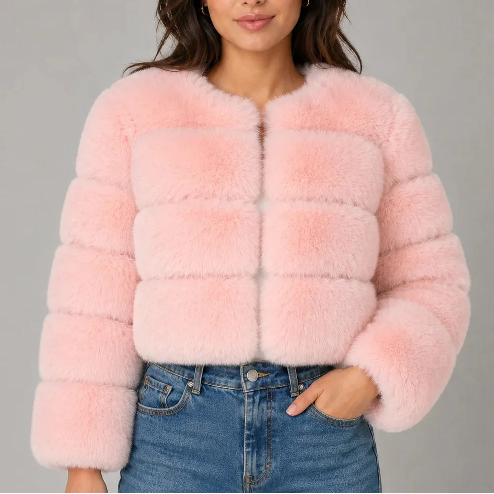 Women's Cropped Fluffy Faux Fur Coat with Round Neck