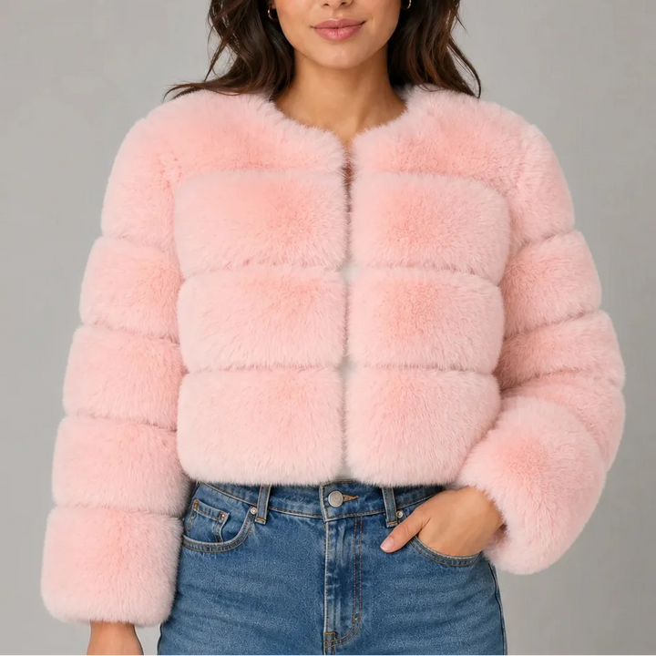 Women's Cropped Fluffy Faux Fur Coat with Round Neck