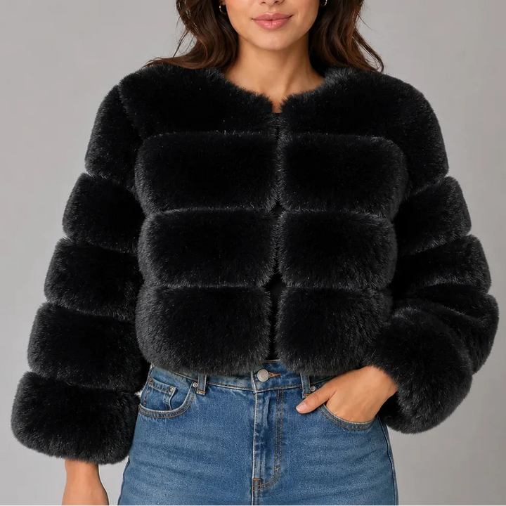 Women's Cropped Fluffy Faux Fur Coat with Round Neck