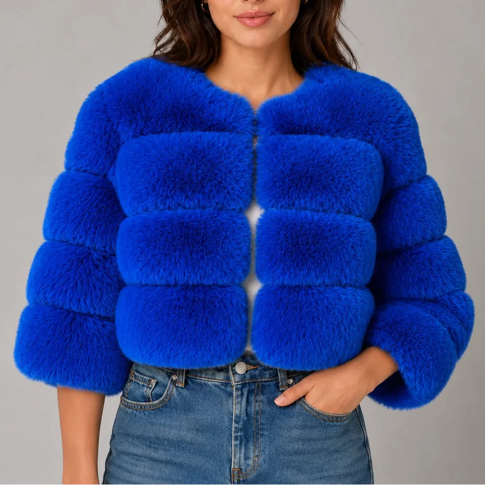 Women's Cropped Fluffy Faux Fur Coat with Round Neck