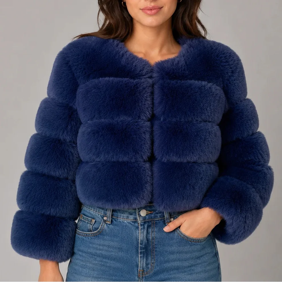 Women's Cropped Fluffy Faux Fur Coat with Round Neck
