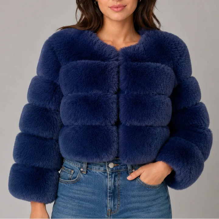 Women's Cropped Fluffy Faux Fur Coat with Round Neck