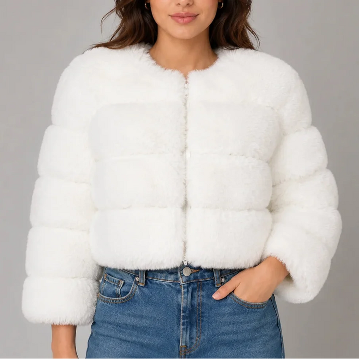 Women's Cropped Fluffy Faux Fur Coat with Round Neck