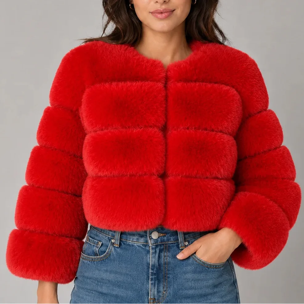 Women's Cropped Fluffy Faux Fur Coat with Round Neck