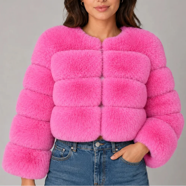 Women's Cropped Fluffy Faux Fur Coat with Round Neck