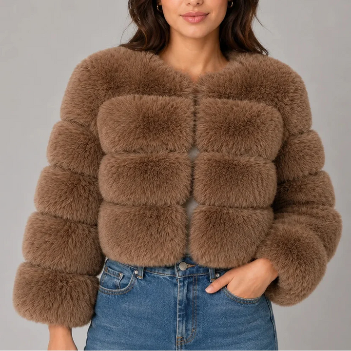 Women's Cropped Fluffy Faux Fur Coat with Round Neck
