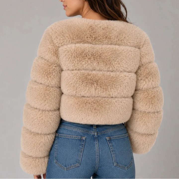Women's Cropped Fluffy Faux Fur Coat with Round Neck
