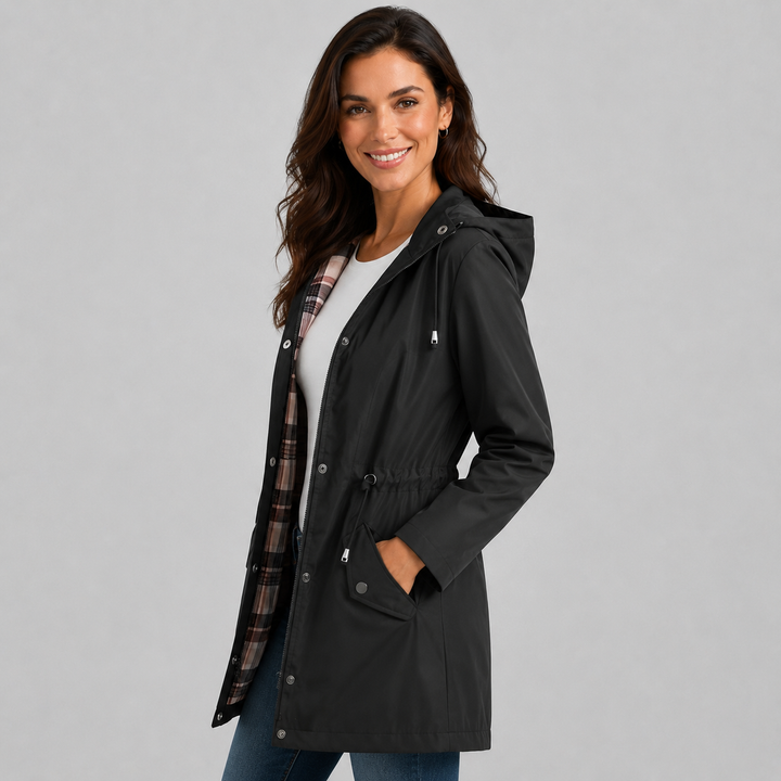 Women's Hooded Raincoat with Check Lining