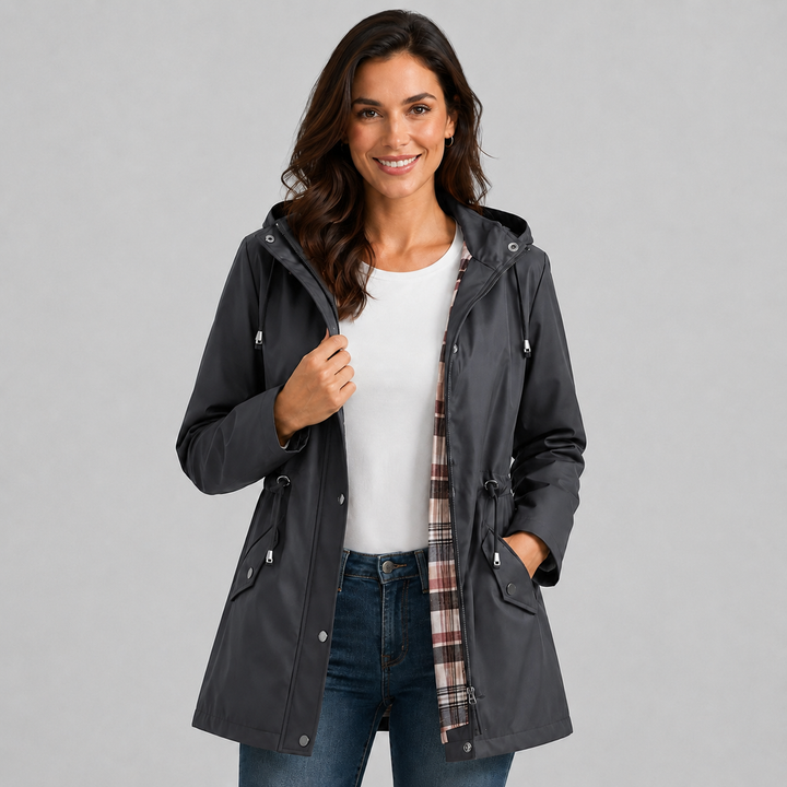 Women's Hooded Raincoat with Check Lining