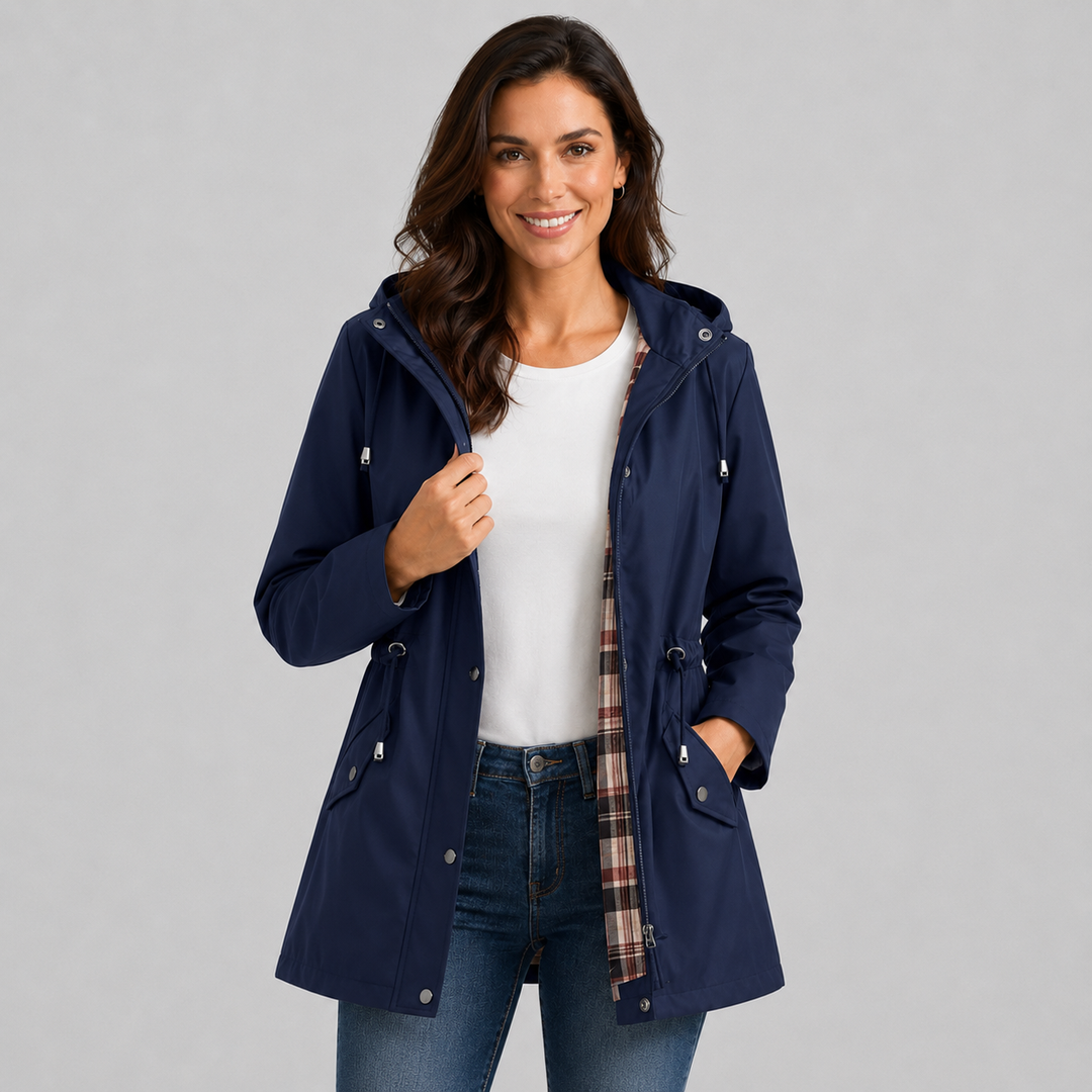 Women's Hooded Raincoat with Check Lining