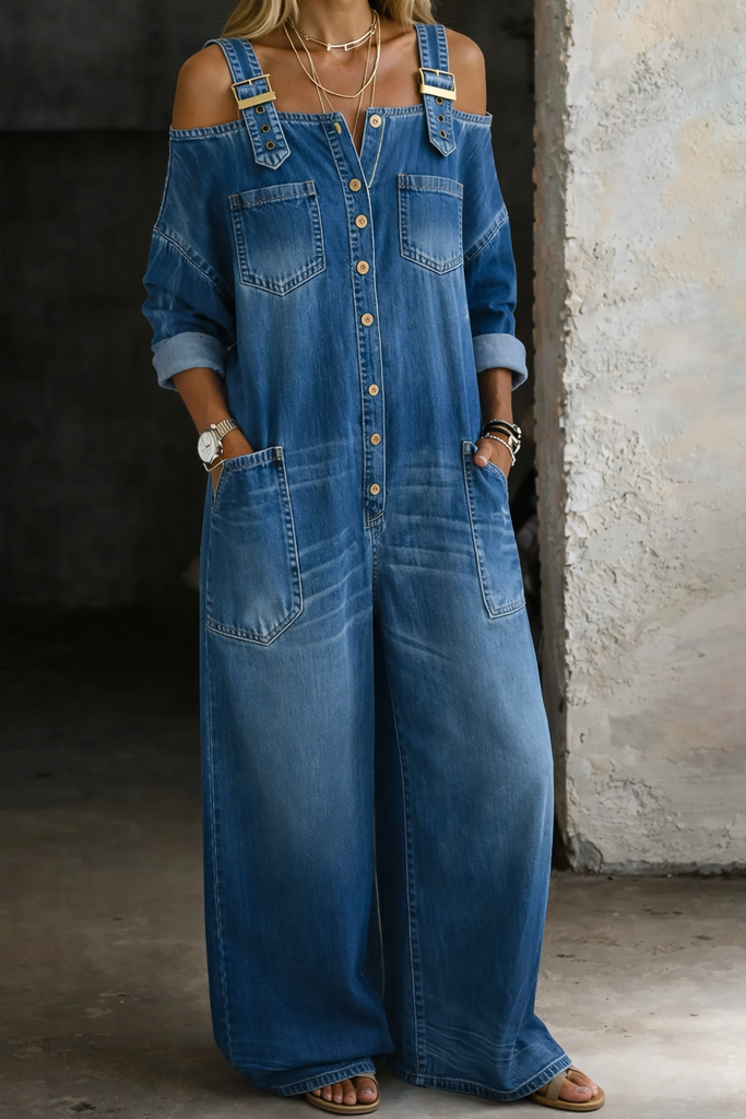 denim jumpsuit dress Off Shoulder Size (Waist):75 Exclusive Lucile Satin Mini Subtle distressing adds character valentines-day-gift-guide-1011