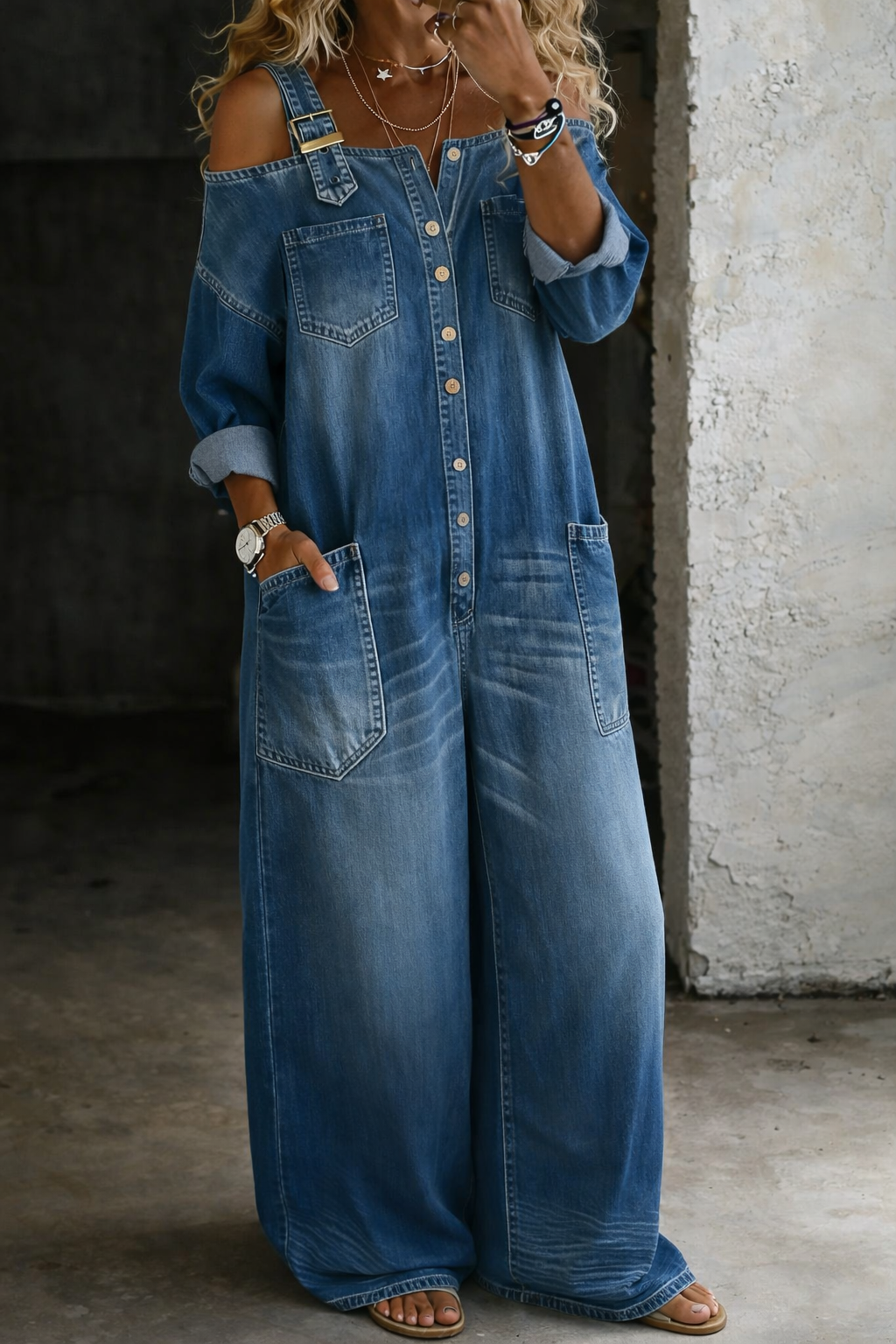 Tuta Intera in Jeans con Spalle Scoperte - Modello Casual da Donna