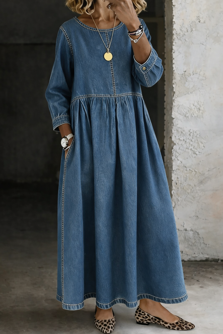 Abito in jeans da donna a maniche lunghe e collo rotondo casual
