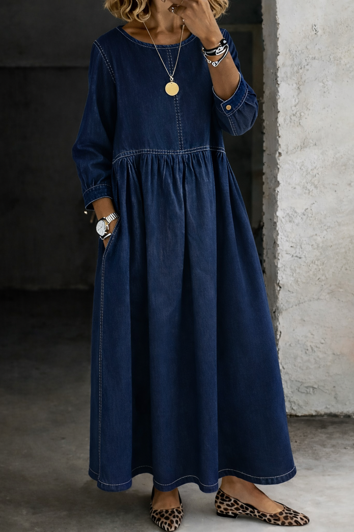 Abito in jeans da donna a maniche lunghe e collo rotondo casual