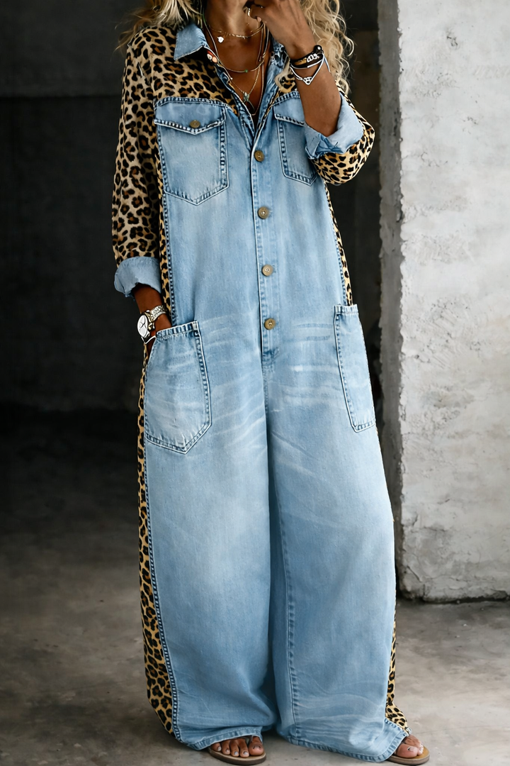Tuta Intera in Denim da Donna a Maniche Lunghe con Stile Camicia