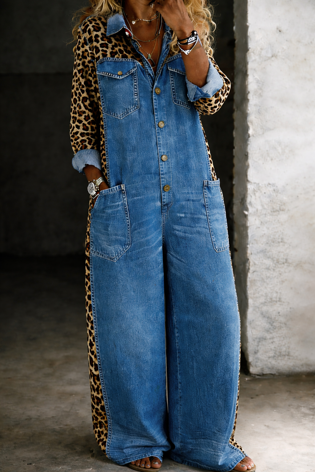 Tuta Intera in Denim da Donna a Maniche Lunghe con Stile Camicia