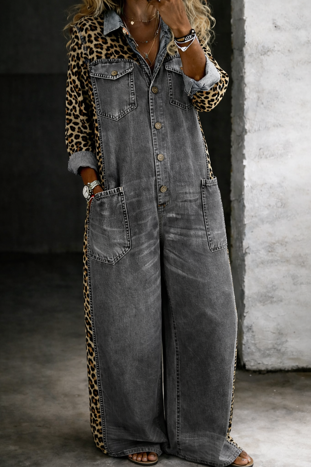Tuta Intera in Denim da Donna a Maniche Lunghe con Stile Camicia