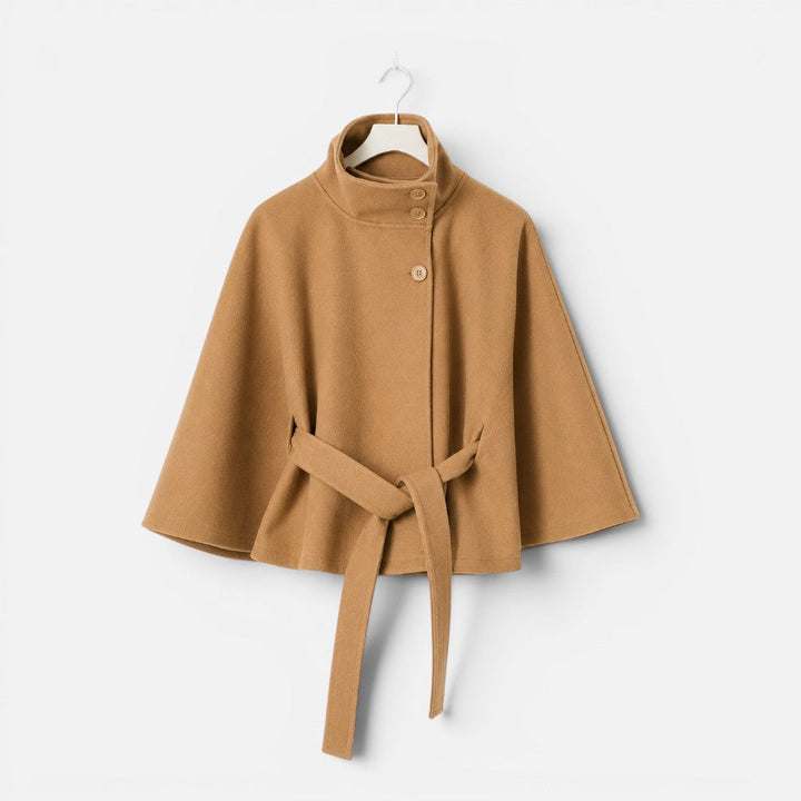 Elegant Wool Blend Poncho for Women with High Neck Cape Sleeve Belted Button Front Style
