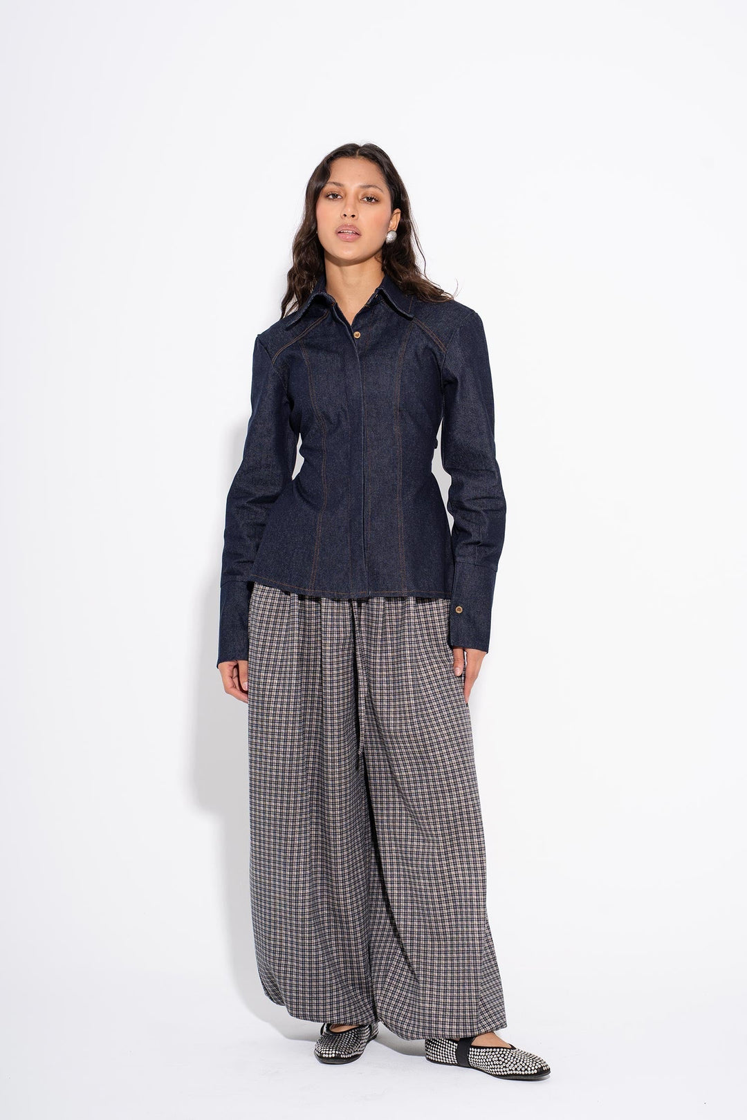 MILA - Camicia Aderente in Denim - Blu Navy