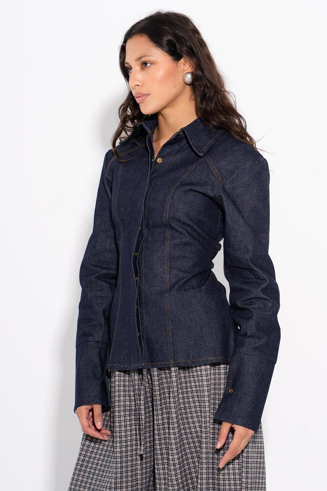 MILA - Camicia Aderente in Denim - Blu Navy